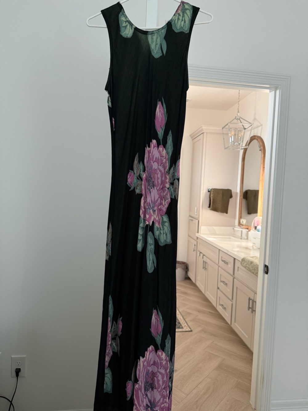 Vintage Black Maxi Dress with Pink Floral Print